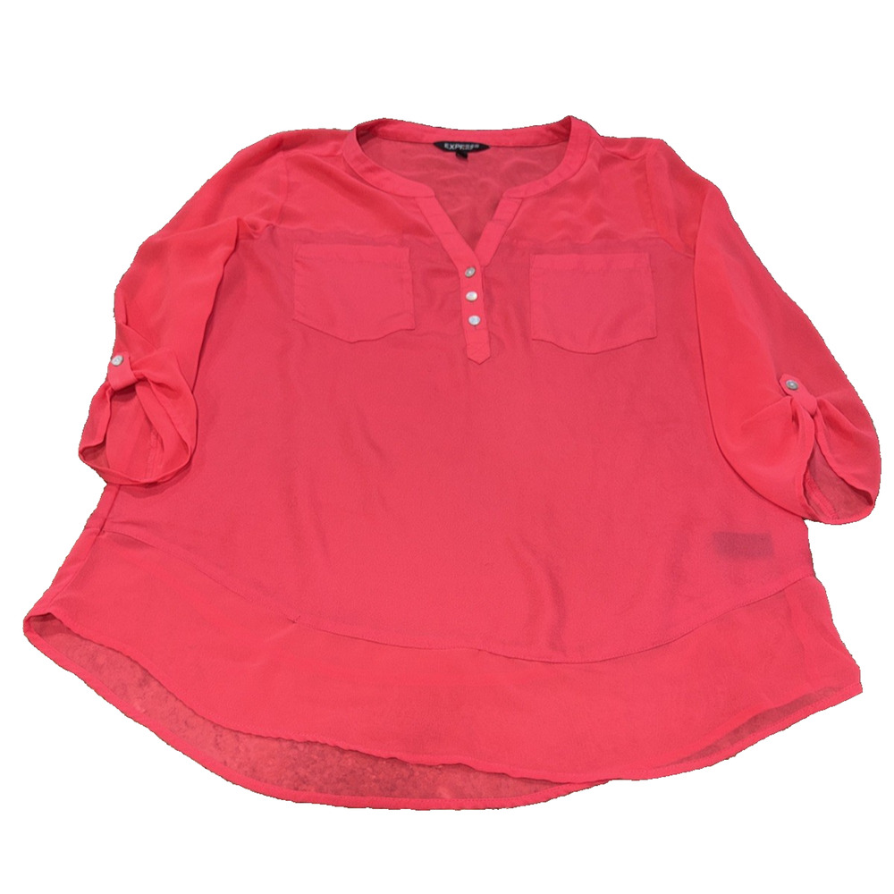Express Pink Popover Blouse L Roll Tab Sleeves Split Neck Button Front Pockets